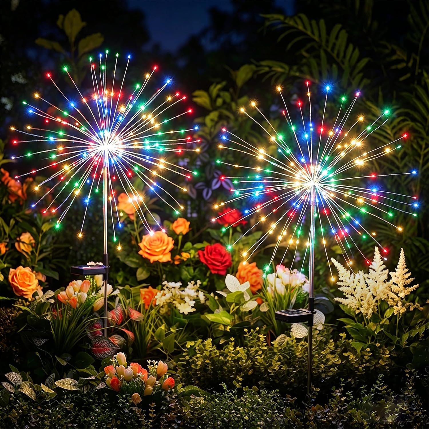 2 Pack 180 LED Firework Solar Powered Stake Lights for Christmas Independence Day, Red/Yellow/Blue/Green