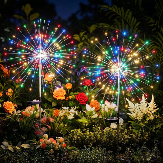 2 Pack 180 LED Firework Solar Powered Stake Lights for Christmas Independence Day, Red/Yellow/Blue/Green