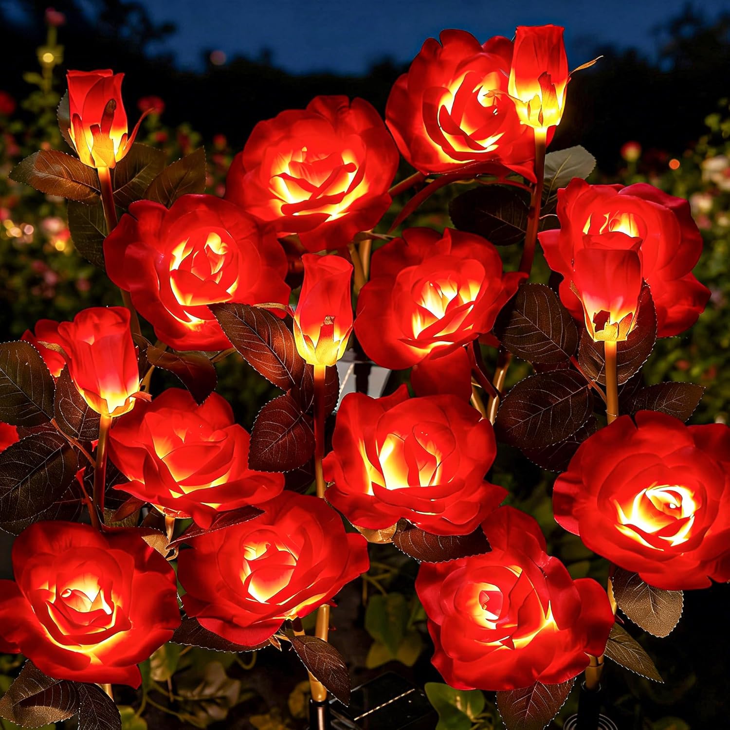 4 Pack Realistic Red Rose Flowers Solar Garden Pathway Lights for Yard & Patio Decorations