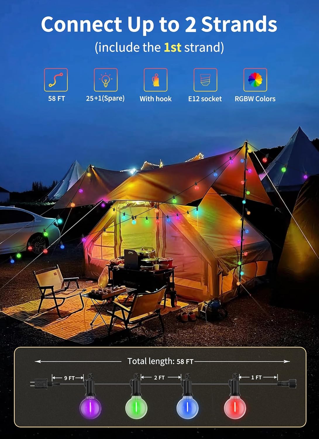 58FT Plug In G40 27 LED Bulbs String Lights for Patio Garden Cafe Wedding Deck, Multicolor