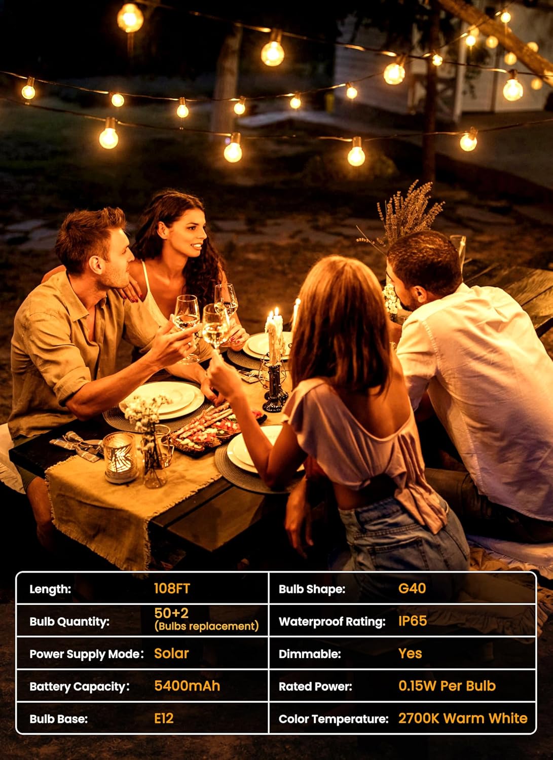 108FT Solar Powered G40 52 LED Bulbs String Lights for Patio Garden Cafe Wedding Deck