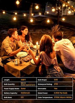 108FT Solar Powered G40 52 LED Bulbs String Lights for Patio Garden Cafe Wedding Deck