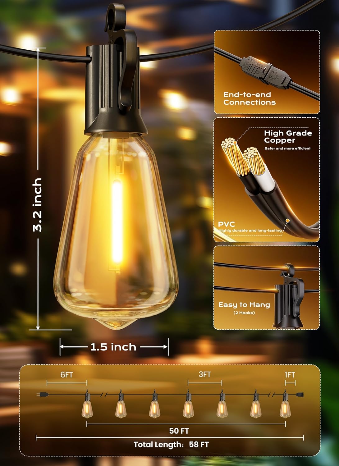 75FT 22+2 Shatterproof Edison LED Lights Outdoor IP65 Waterproof Lights for Backyard Porch Deck