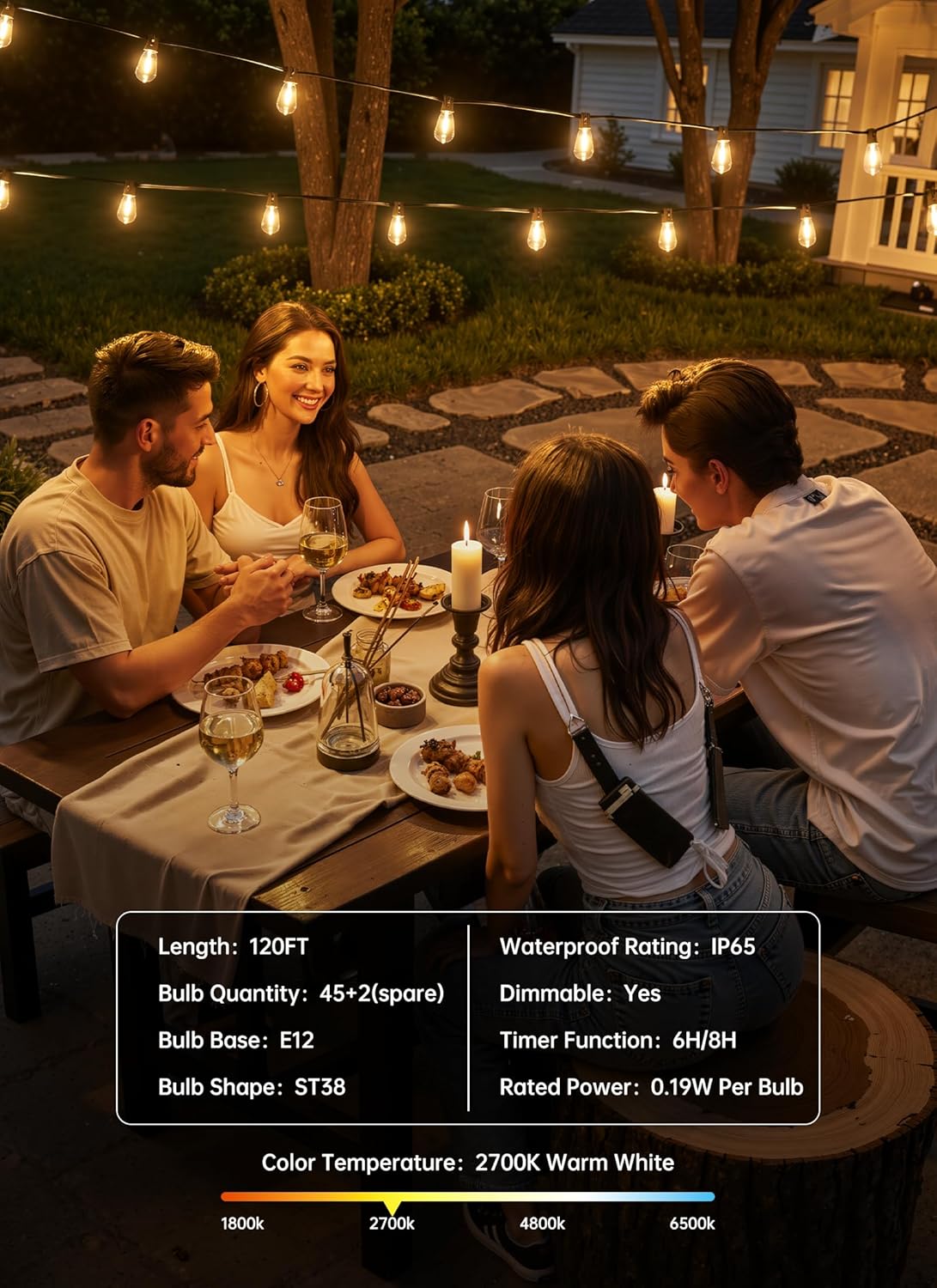 120FT 45+2 Shatterproof ST38 LED Bulbs Outdoor String Lights with Remote, 3 Modes
