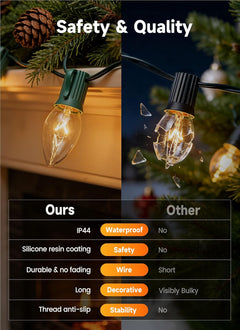 50FT Plug in 50 C9 Clear Bulbs Bright & Warm Christmas String Lights for Home Decor, Green Wire