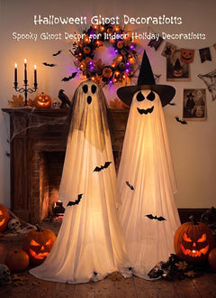 2 Pack Battery Operated Light Up Halloween Veil & Witch Hat Ghosts Decorations Outdoor