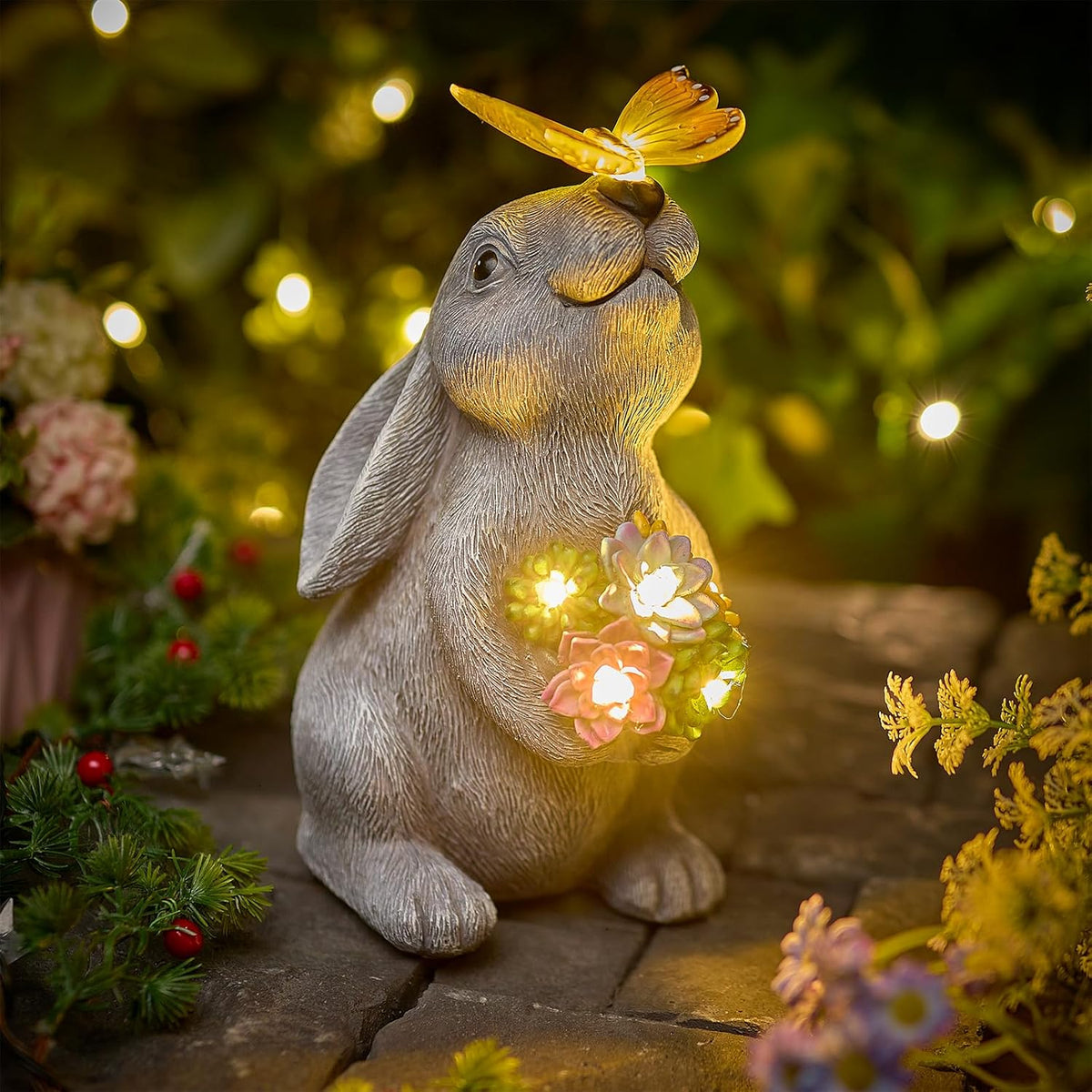 Solar Powered Rabbit Statue with Butterfly Flowers Lights for Garden Backyard Decor