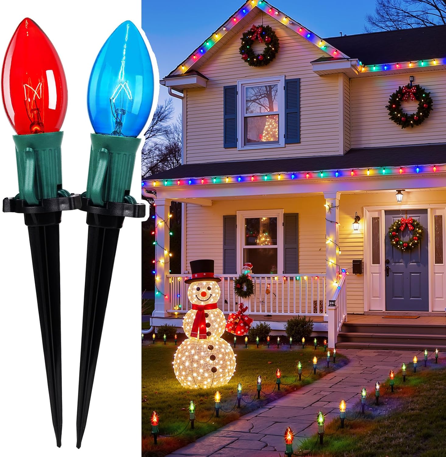 Christmas Pathway Lights with C9 Incandescent Bulbs on Green Wire