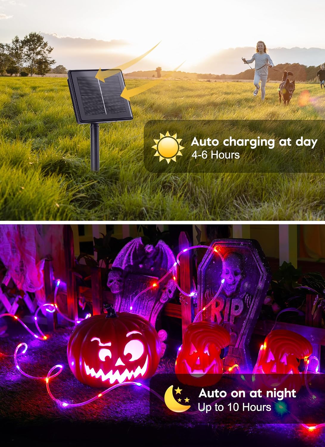 39FT 100LED Solar Rope Lights for Halloween Haunted House Party, 8 Modes, Orange and Purple