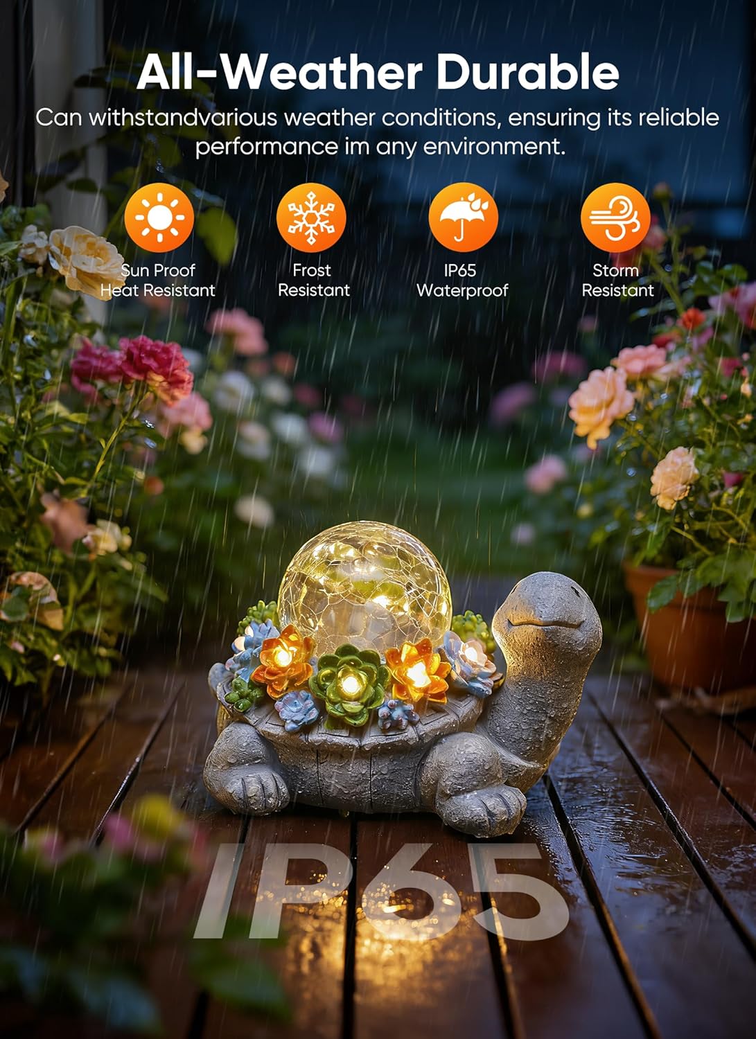 Solar Powered Turtle Statue with 5 Succulent LED Lights for Garden Backyard Decor
