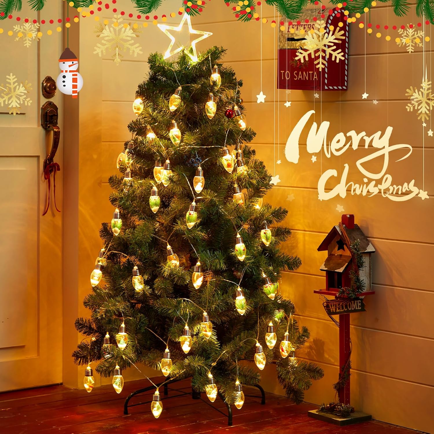 7.5Ft Battery Operated 10 C9 Christmas Snow Globe String Lights with Tree & Snow & Cute Ornaments