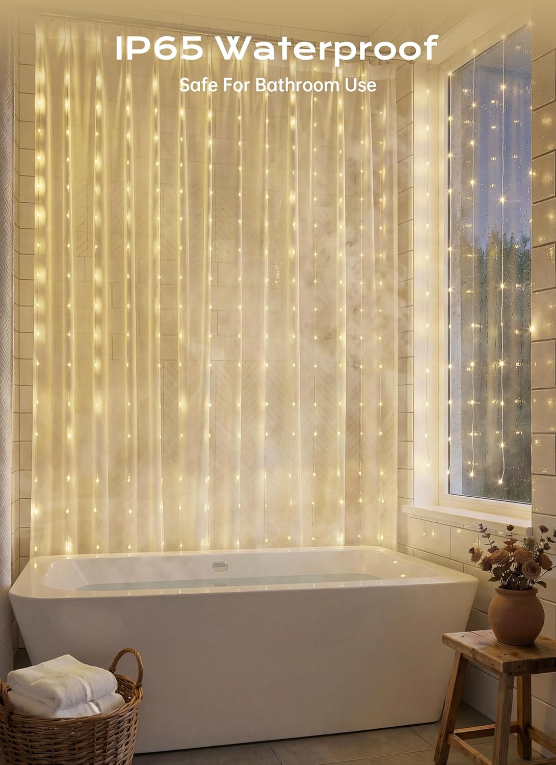 70 Inch 180 LED Battery Operated Shower Curtain Lights, 8 Modes, Warm White (No Curtain)