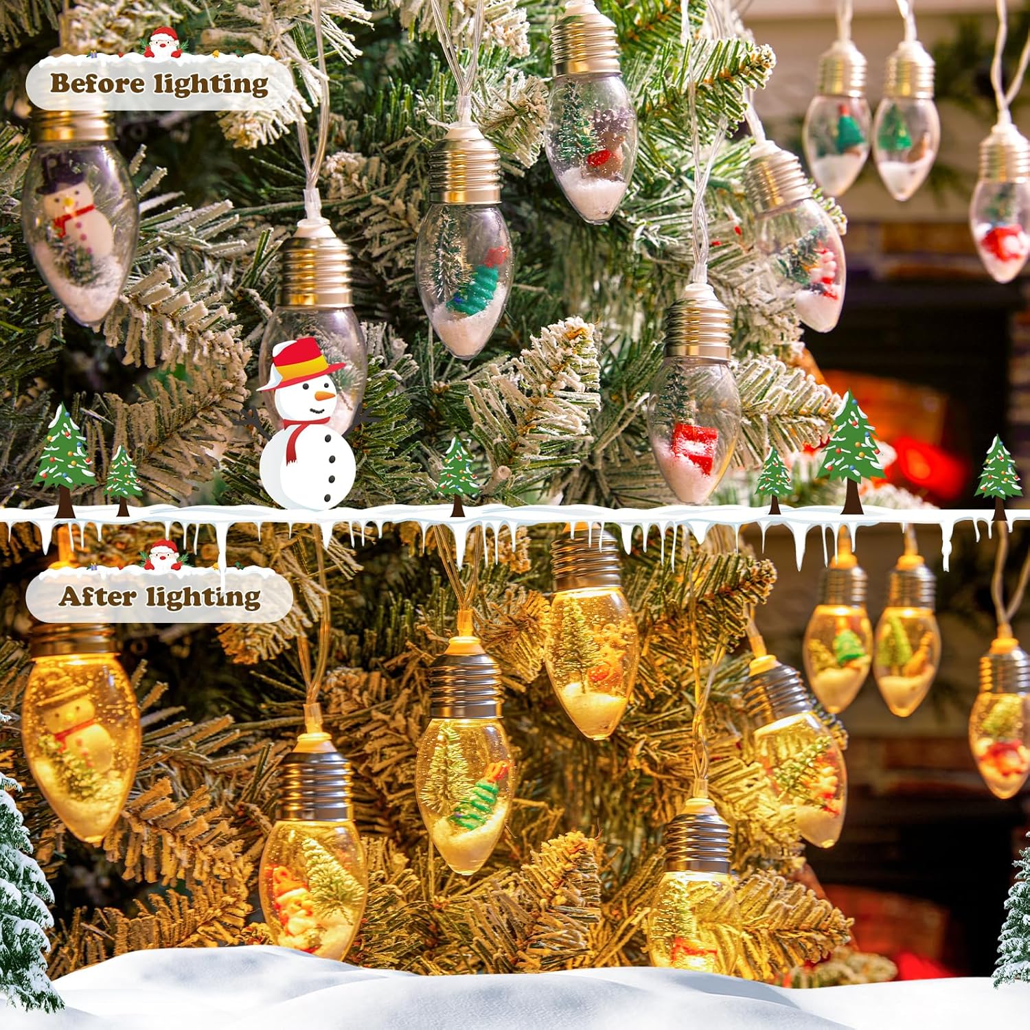 7.5Ft Battery Operated 10 C9 Christmas Snow Globe String Lights with Tree & Snow & Cute Ornaments