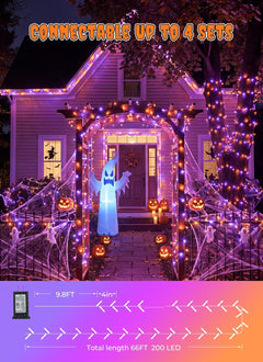 66FT 200LED Plug in Purple & Orange Halloween String Lights for Tree Patio, 8 Modes