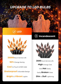 33FT Plug in 100 LED Mini Orange Lights for Halloween Fall Party Haunted House, 8 Modes