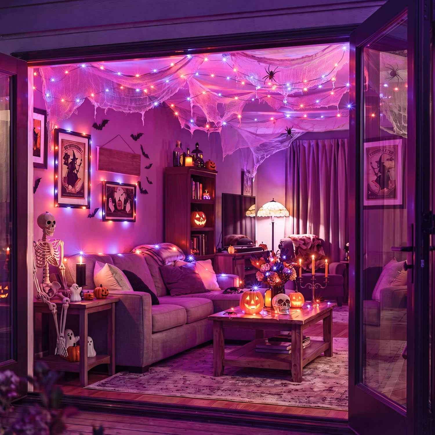 2Pack 16.4FT 50 LED Battery Operated String Light for Halloween Haunted House Party, Orange Purple