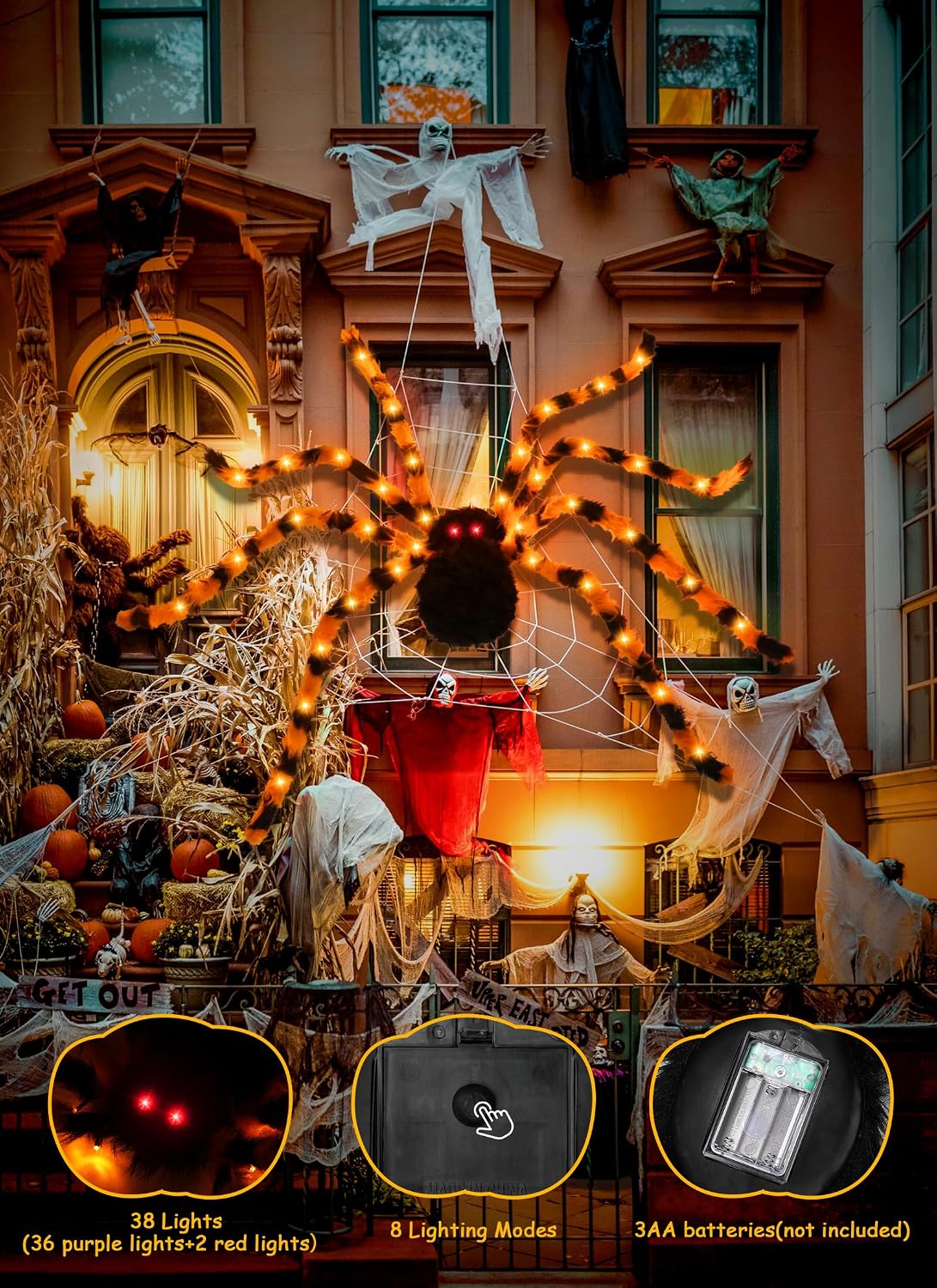 4.9 ft 38 LED Battery Oprated Light Up Black Hairy Giant Spider Halloween Decorations, Orange