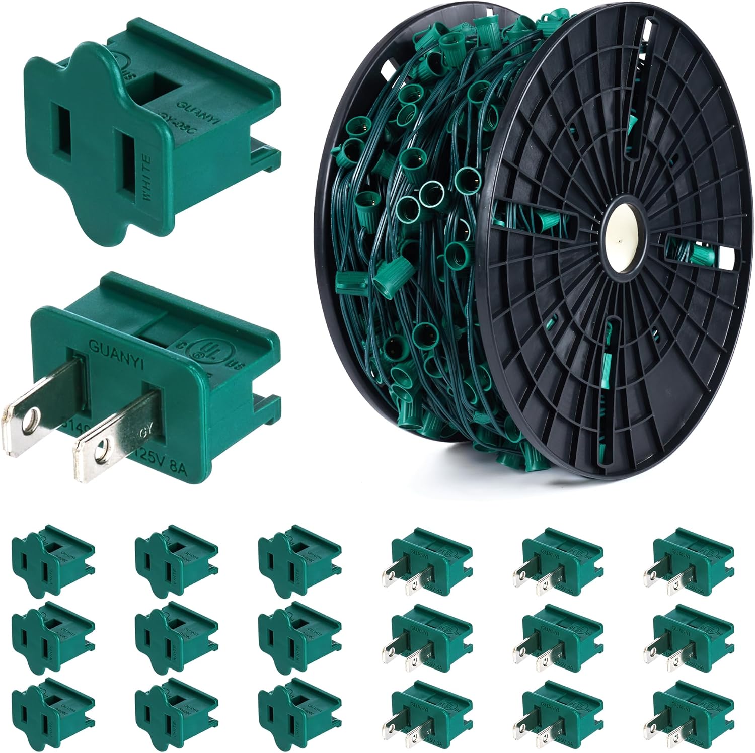 Commercial 250FT/500FT C9/E17 Christmas Light Sockets Set Spool, C9 String Light Stringer 12" Spacing Green Wire