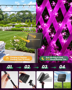 Solar Powered 26ft 60 LED Flowers String Lights for Garden Yard Fence Decor, Purple