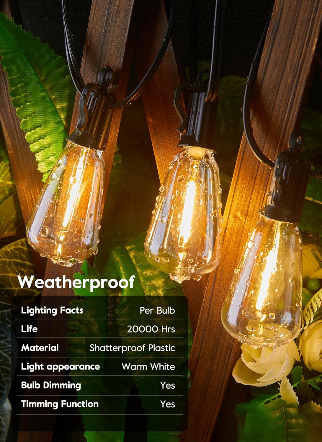 38FT Solar Powered 16+1 LED ST38 Bulbs String Lights Outdoor, 3 Light Modes