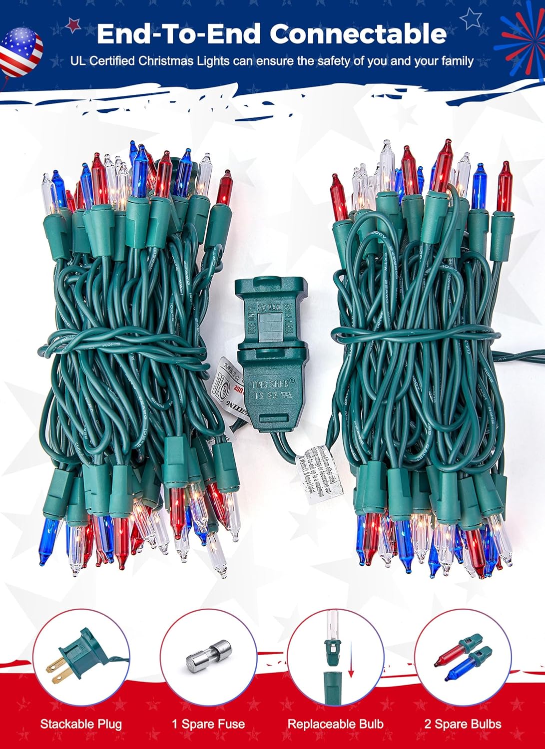 13ft 50 LED Plug in Red White Blue Mini Bulbs String Light for 4th July Independence Day, Green Wire