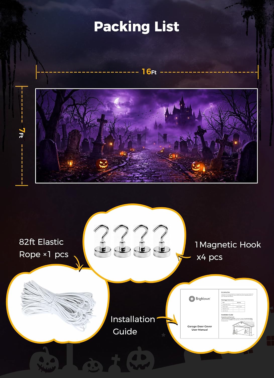 7x16ft Halloween Garage Cover for 2-Car Garage Door with Magnetic Hook and Ropes, Haunted Graveyard Castle