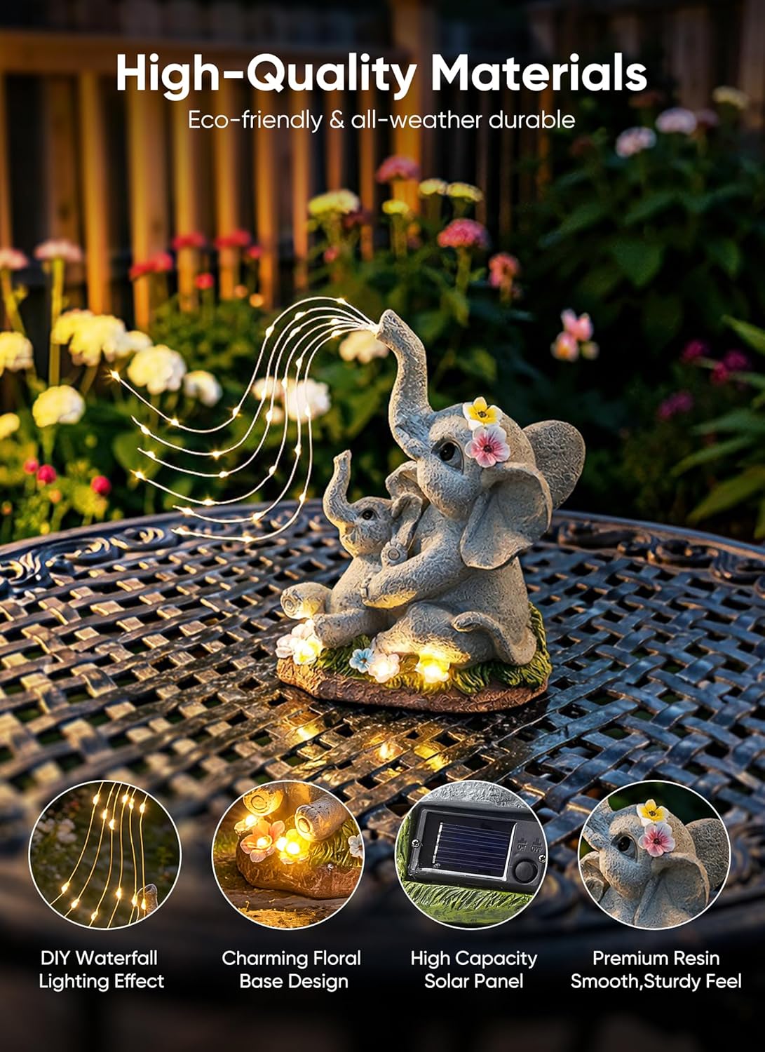 Solar Powered Elephant Statue with DIY LED & 5 Succulent LED Lights for Garden Backyard Decor