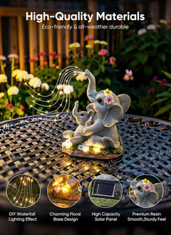 Solar Powered Elephant Statue with DIY LED & 5 Succulent LED Lights for Garden Backyard Decor