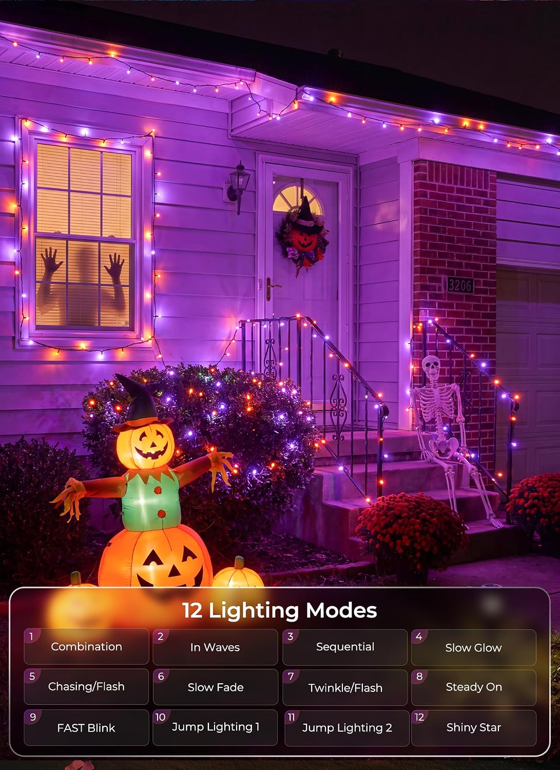 66FT 200LED Plug in Purple & Orange Halloween String Lights for Tree Patio, 8 Modes
