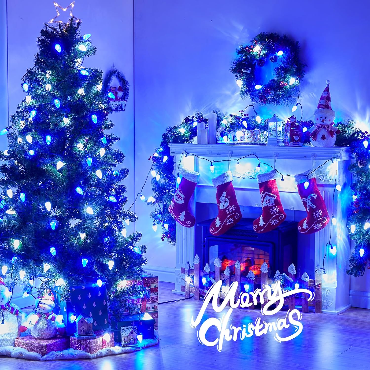 C9 LED Christmas String Lights, 66ft 100 LED Waterproof Strawberry String Lights, Plug-in Extendable Green Wire Lights, Blue and White