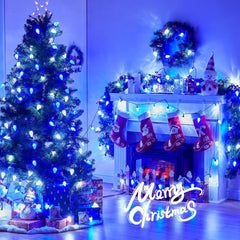 C9 LED Christmas String Lights, 66ft 100 LED Waterproof Strawberry String Lights, Plug-in Extendable Green Wire Lights, Blue and White