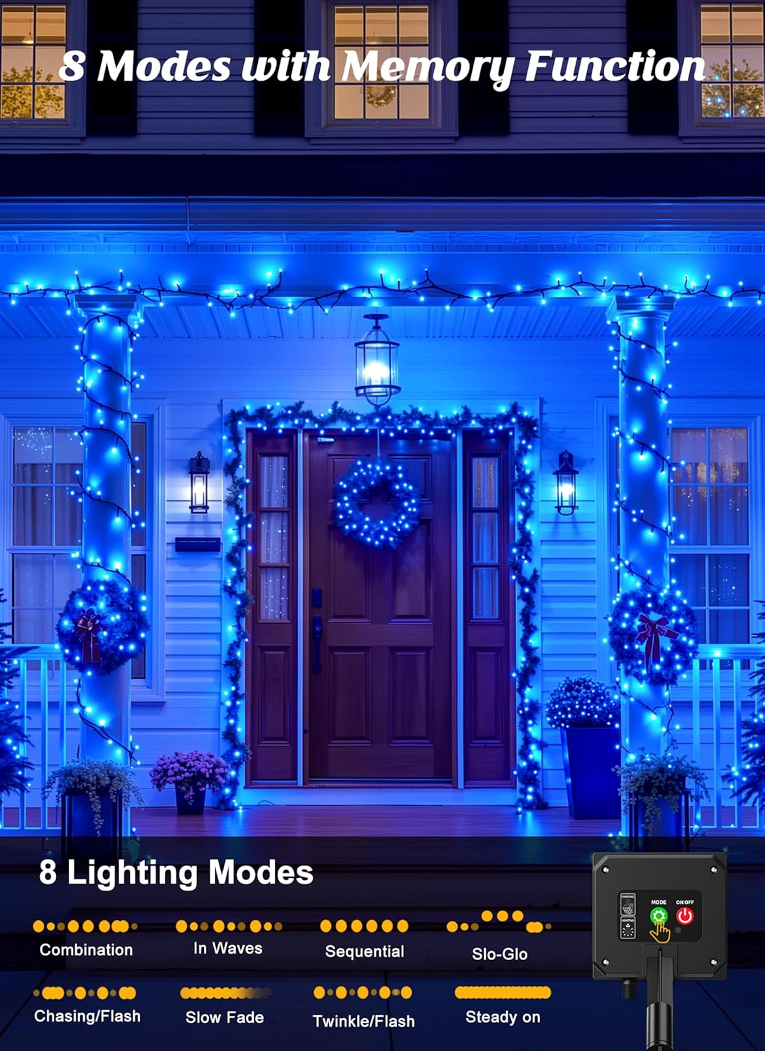 2 Pack Total 80FT 200 LED Solar Powered String Lights with 8 Modes for Christmas Tree, Blue