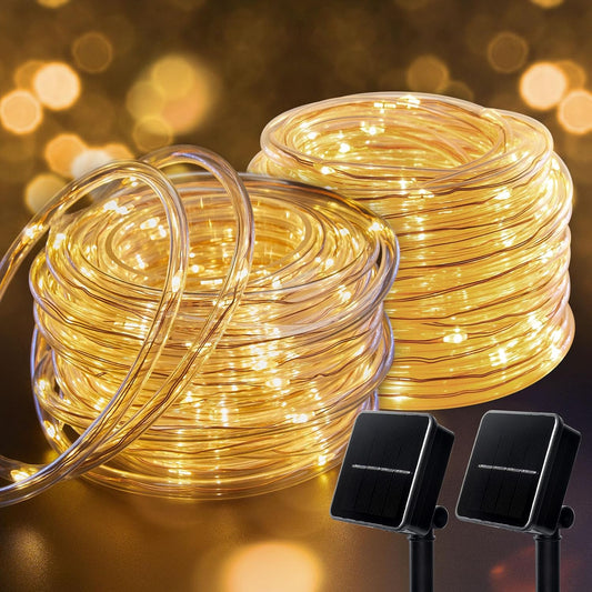 2 Pack 72ft 200 LED Outdoor Solar Powered Rope String Lights with 8 Modes, Warm White