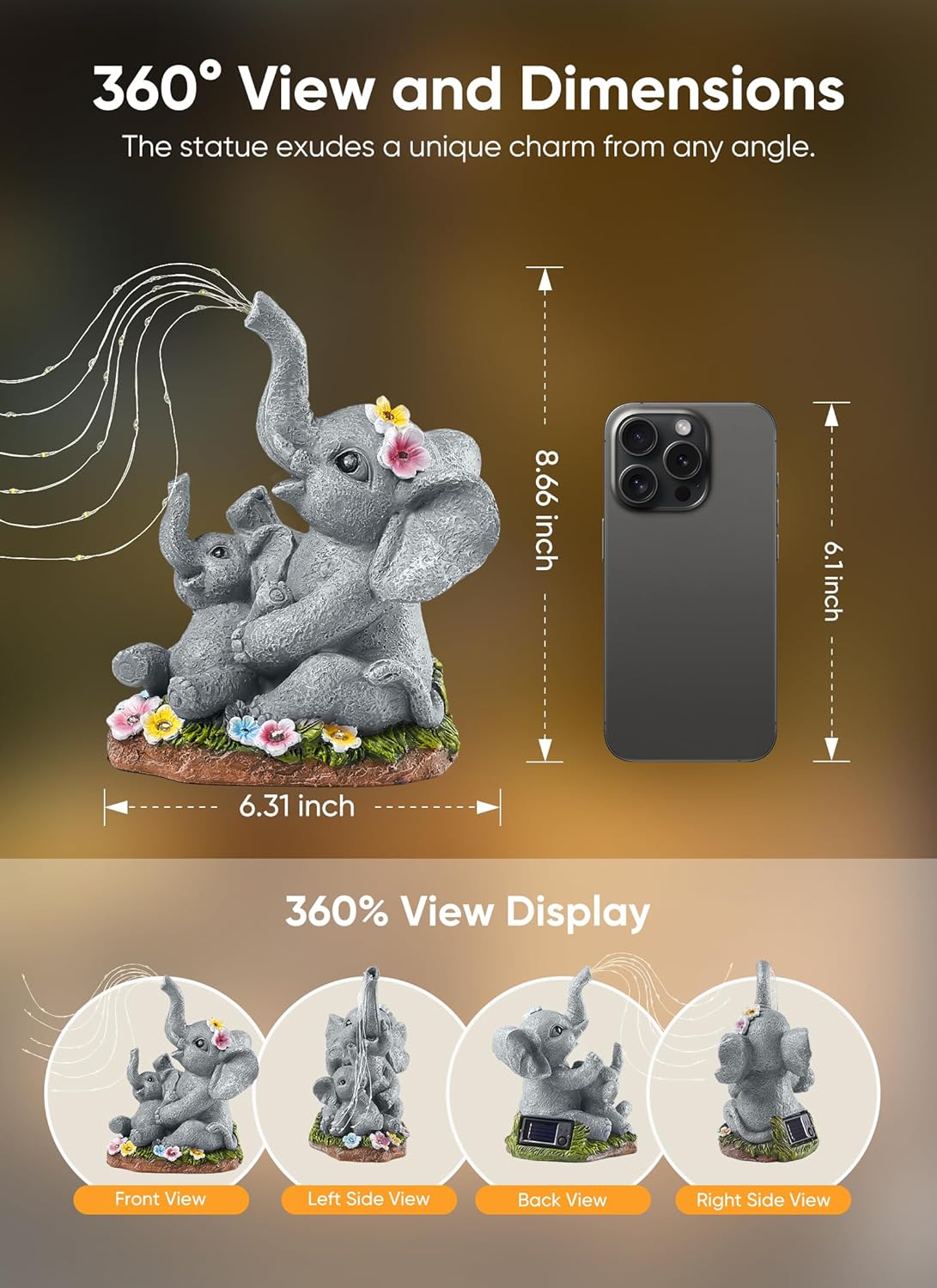 Solar Powered Elephant Statue with DIY LED & 5 Succulent LED Lights for Garden Backyard Decor