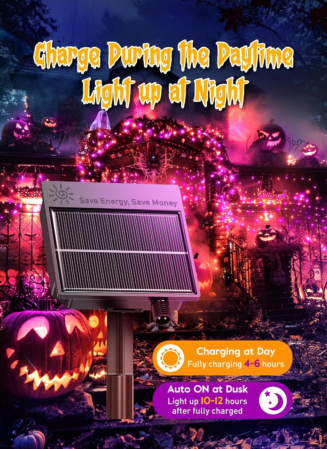 20ft 240 LED Solar Firecrackers Twinkle Lights for Halloween Haunted House Party, Orange and Purple