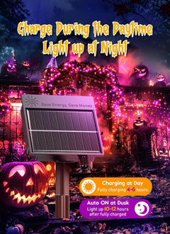 20ft 240 LED Solar Firecrackers Twinkle Lights for Halloween Haunted House Party, Orange and Purple