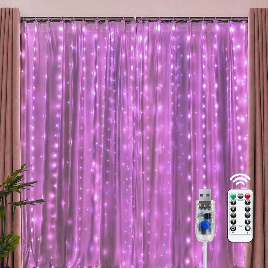 300 LED USB Powered Dimmable Window Curtain Lights with Remote, Pink