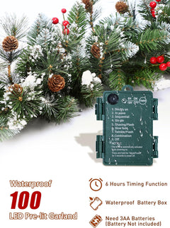 Christmas Garland with Lights, 9ft 100LED Battery Operated Garland Decorated with Pine Cones, Berry, 8 Light Modes & Timer