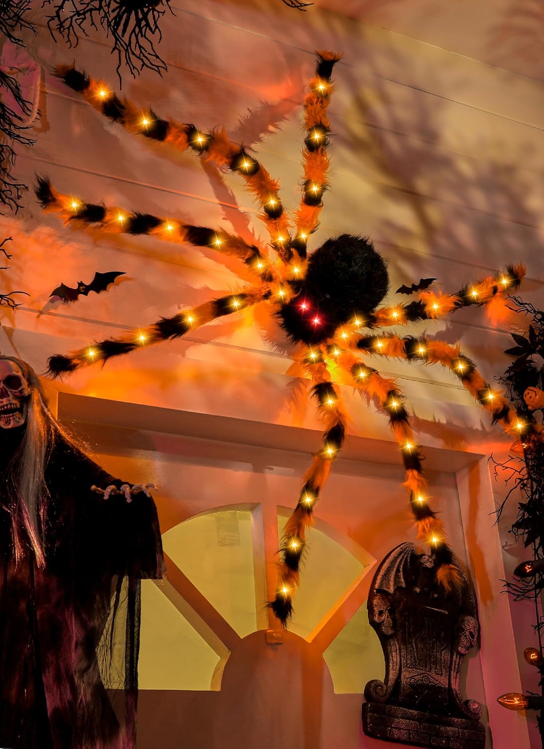 4.9 ft 38 LED Battery Oprated Light Up Black Hairy Giant Spider Halloween Decorations, Orange