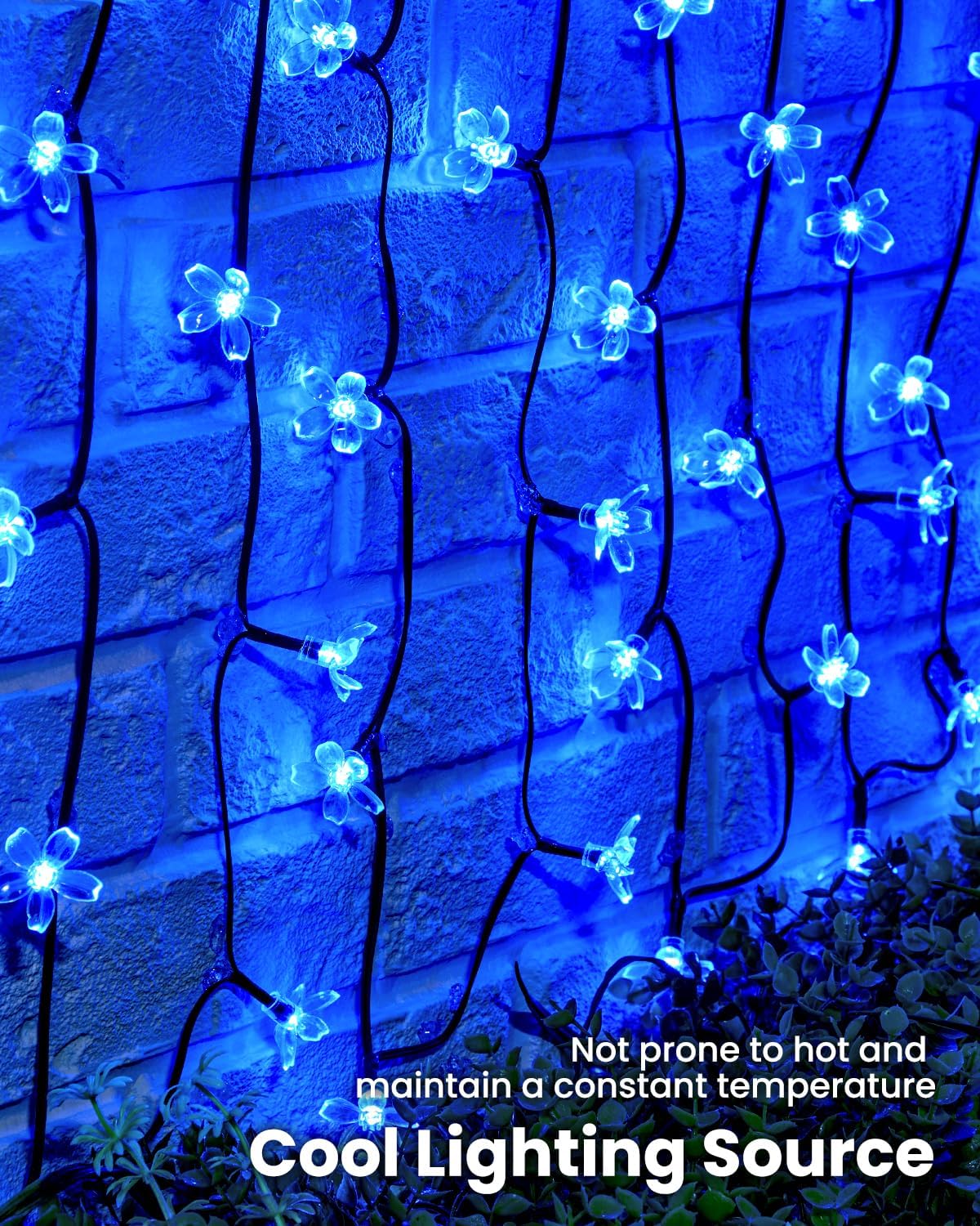 Solar Powered 26ft 60 LED Flowers String Lights for Garden Yard Fence Decor, Blue
