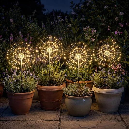 4 Pack 150 LED Firework Solar Powered Stake Lights for Garden Yard Pathway,Warm White