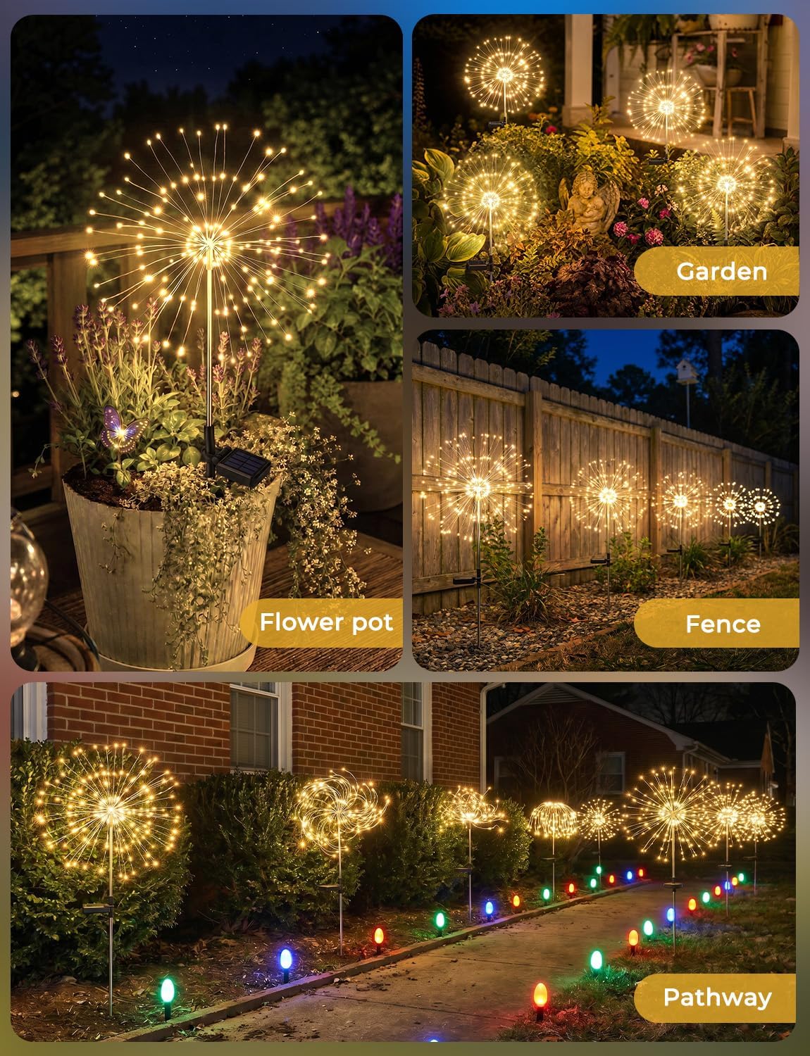 2 Pack 150 LED Firework Solar Powered Stake Lights for Garden Yard Pathway,Warm White