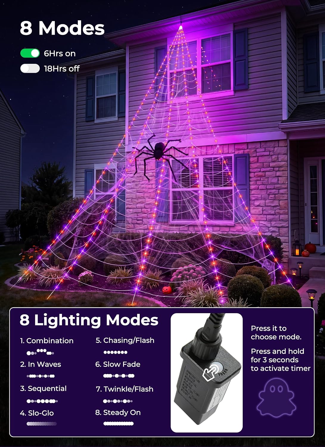 16.4Ft 225 LED Plug in Giant Spider Web Lights Set with Spider for Haunted House Halloween Decor