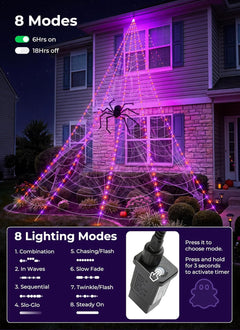 16.4Ft 225 LED Plug in Giant Spider Web Lights Set with Spider for Haunted House Halloween Decor