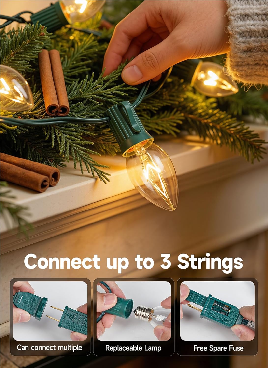 50FT Plug in 50 C9 Clear Bulbs Bright & Warm Christmas String Lights for Home Decor, Green Wire