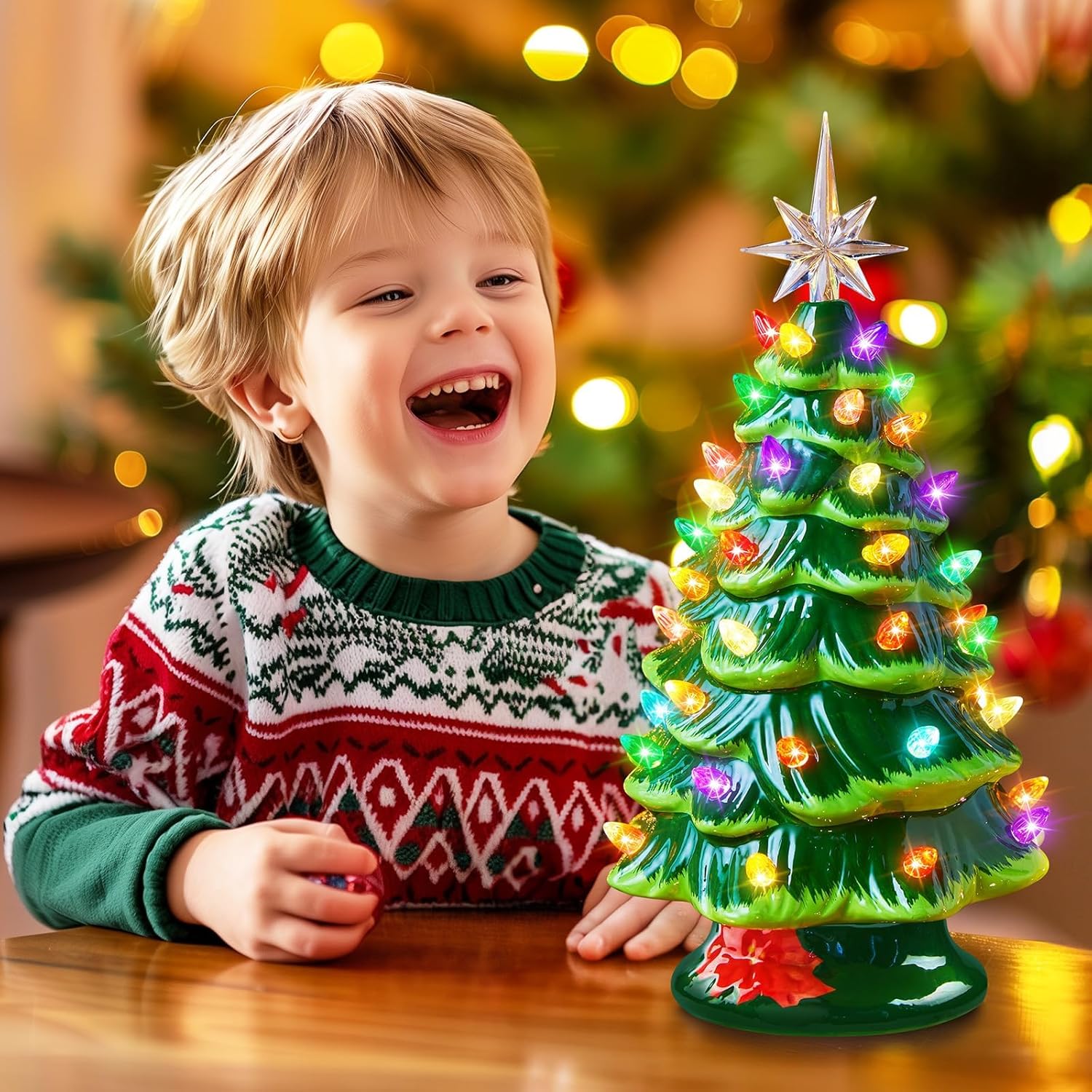13 Inch Battery Operated Pre-lit Tabletop Ceramic Christmas Tree with Multicolored LED Lights, Green