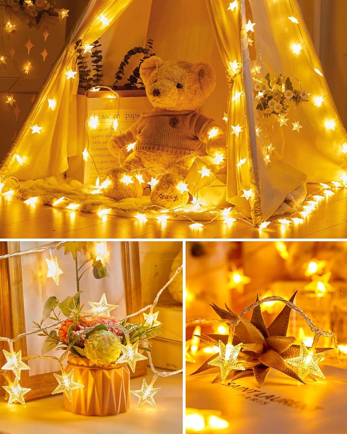 66ft Plug in 200 LED Warm White Stars String Lights with Remote for Holiday Decor, 8 Modes