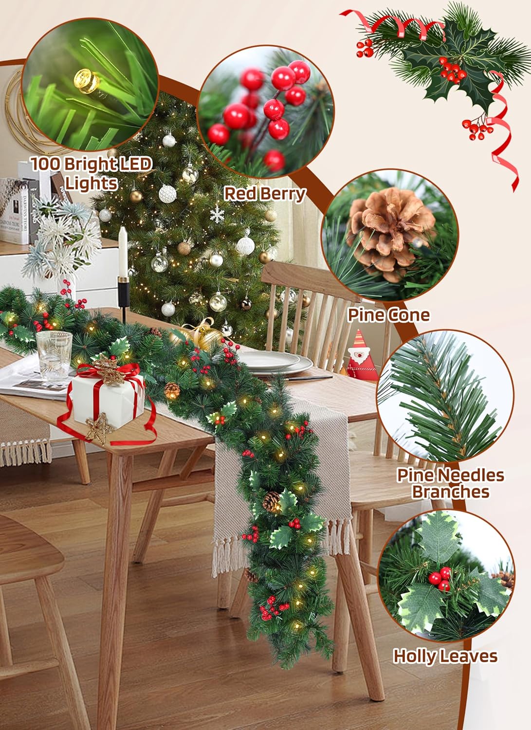 Pre-lit Christmas Garland with Lights, 9Ft 100LED Lighted Garland with 8 Light Modes & Timer