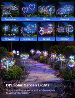 2 Pack 180 LED Firework Solar Powered Stake Lights for Christmas Independence Day, Red/Yellow/Blue/Green
