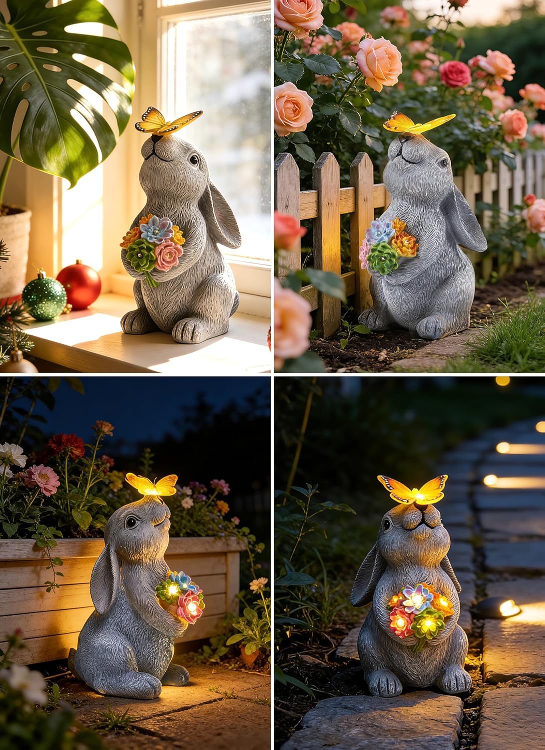 Solar Powered Rabbit Statue with Butterfly Flowers Lights for Garden Backyard Decor